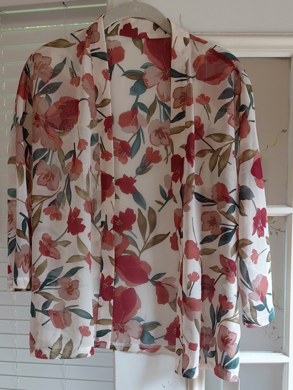 Sheer Cream Floral Open-Front Crop Kimono - Brown & Green Floral
